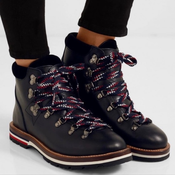 MONCLER Blanche Hiking Boot Black LeatherVelvet Trimmed Winter Booties - Picture 1 of 13